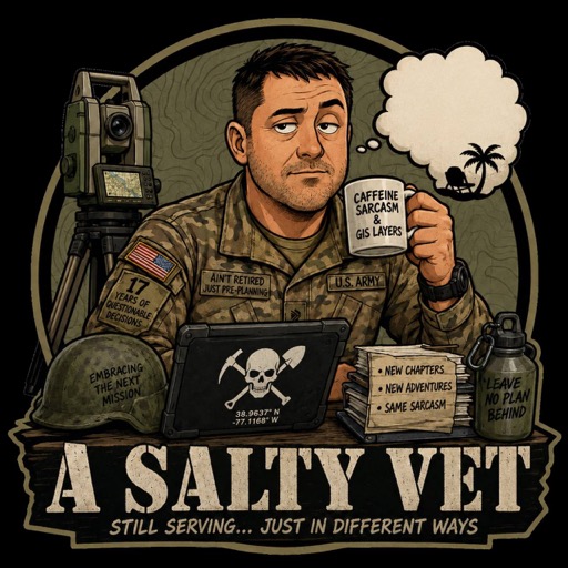 A Salty Vet illustrated logo showing Charles Bonetti with GIS equipment, field notes, coffee, and the tagline Still serving, just in different ways.